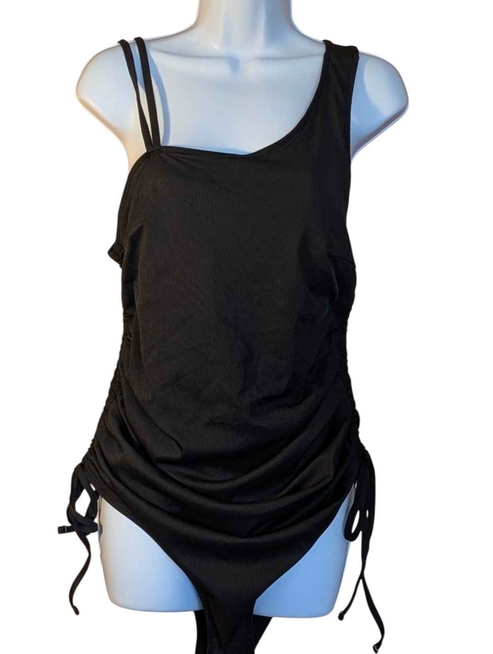 Black One-Shoulder Ruched Tank Swimsuit 1X Classic High Thigh One Piece Swimwear